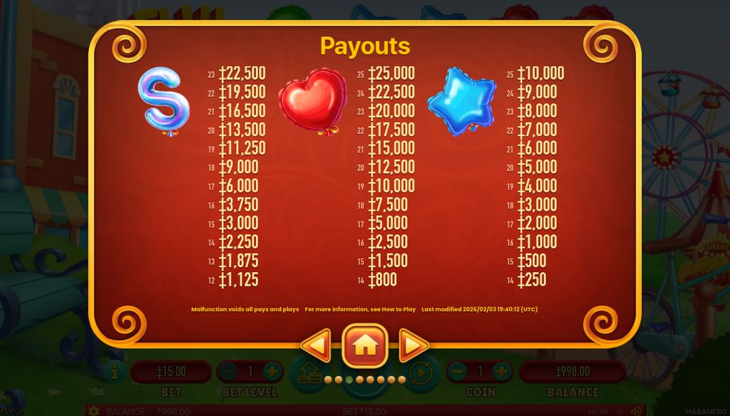 Fly! payout table for the Scatter, heart and star balloon symbols.