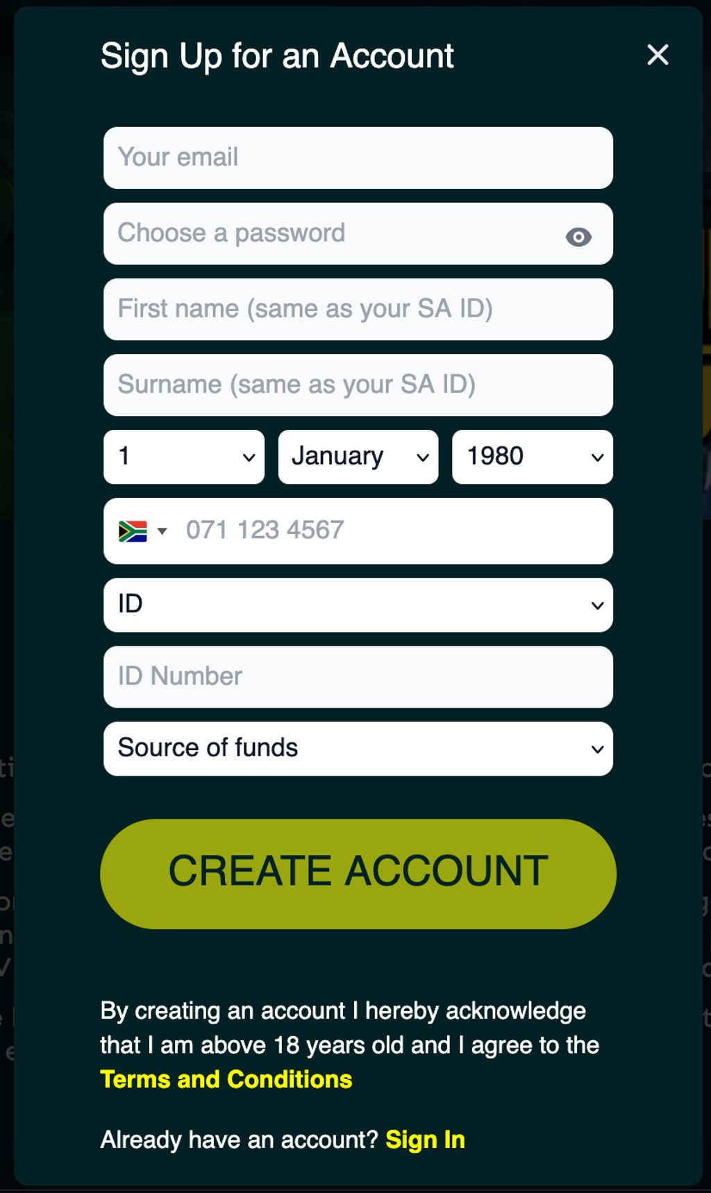 Zarbet sign-up form with all required fields