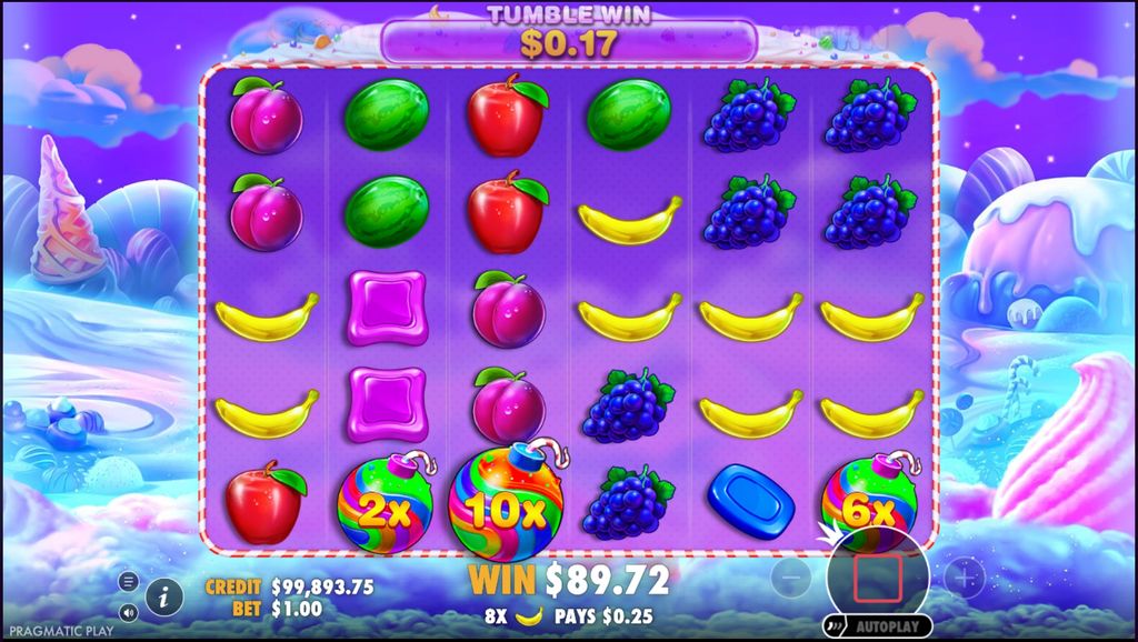 Sweet Bonanza slot layout during a winning tumble.