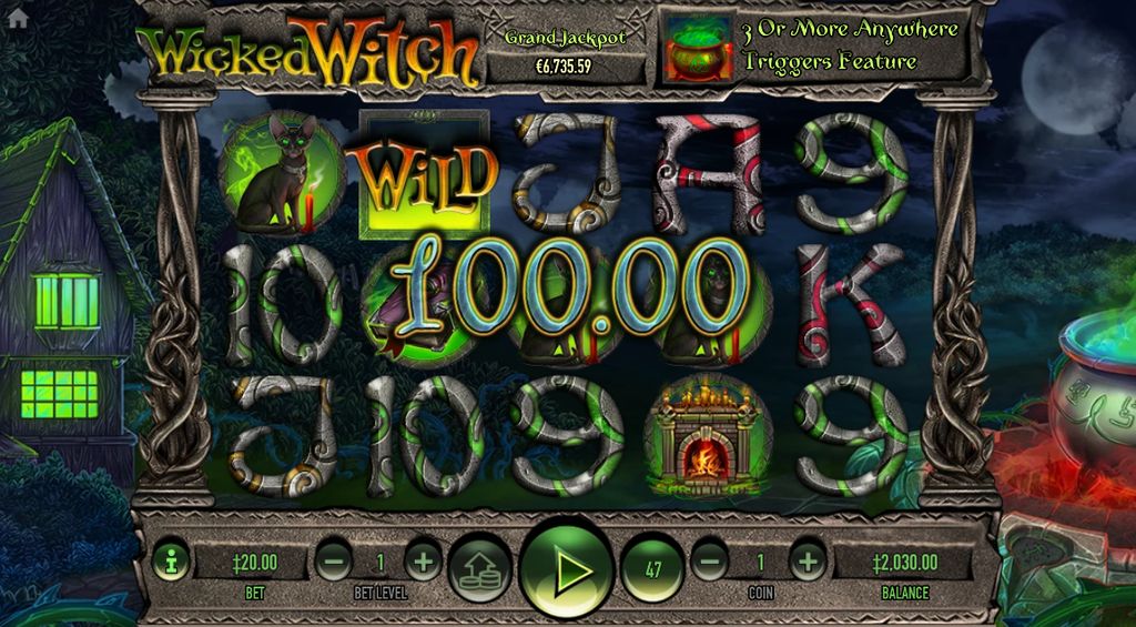 Wild win paying R100.00 during base play, with the witch substituting on reel 2.