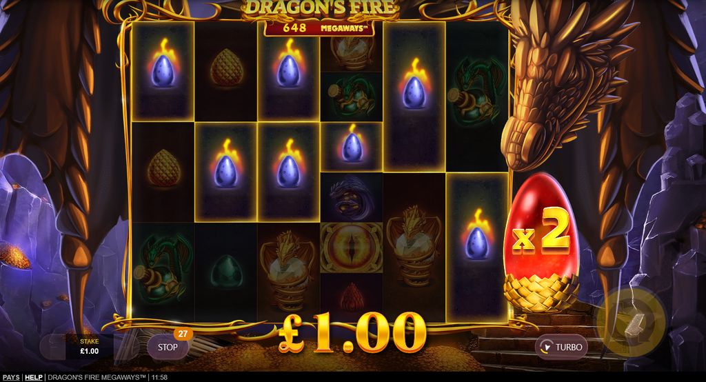A winning spin with 648 Megaways and x2 Dragon's Egg Multiplier active