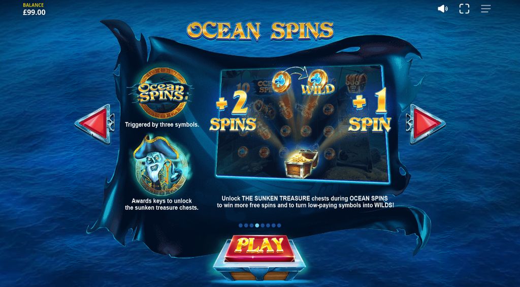 The Ocean Spins overview showing how each chest awards extra spins and converts low-paying symbols into Wilds