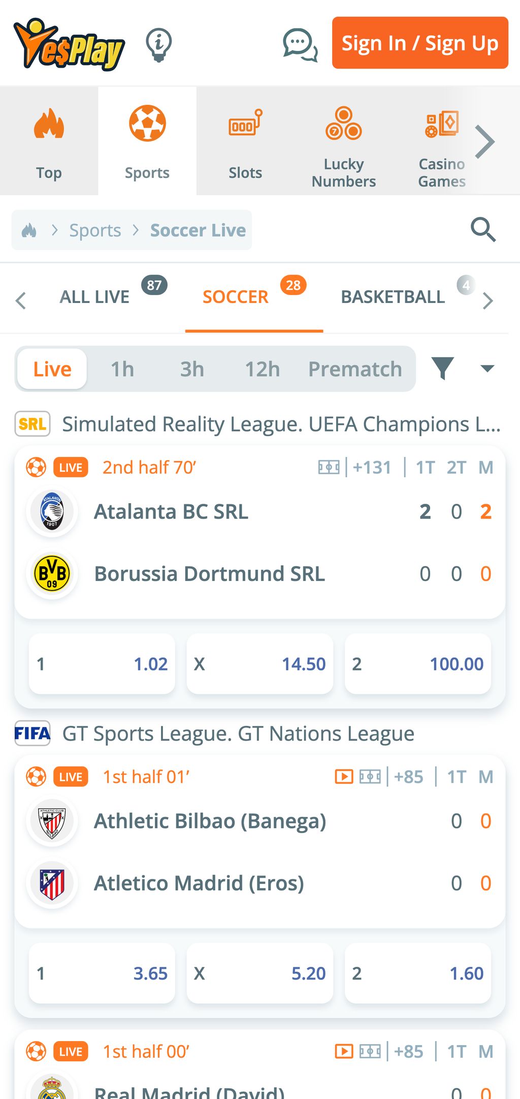Soccer betting at YesPlay