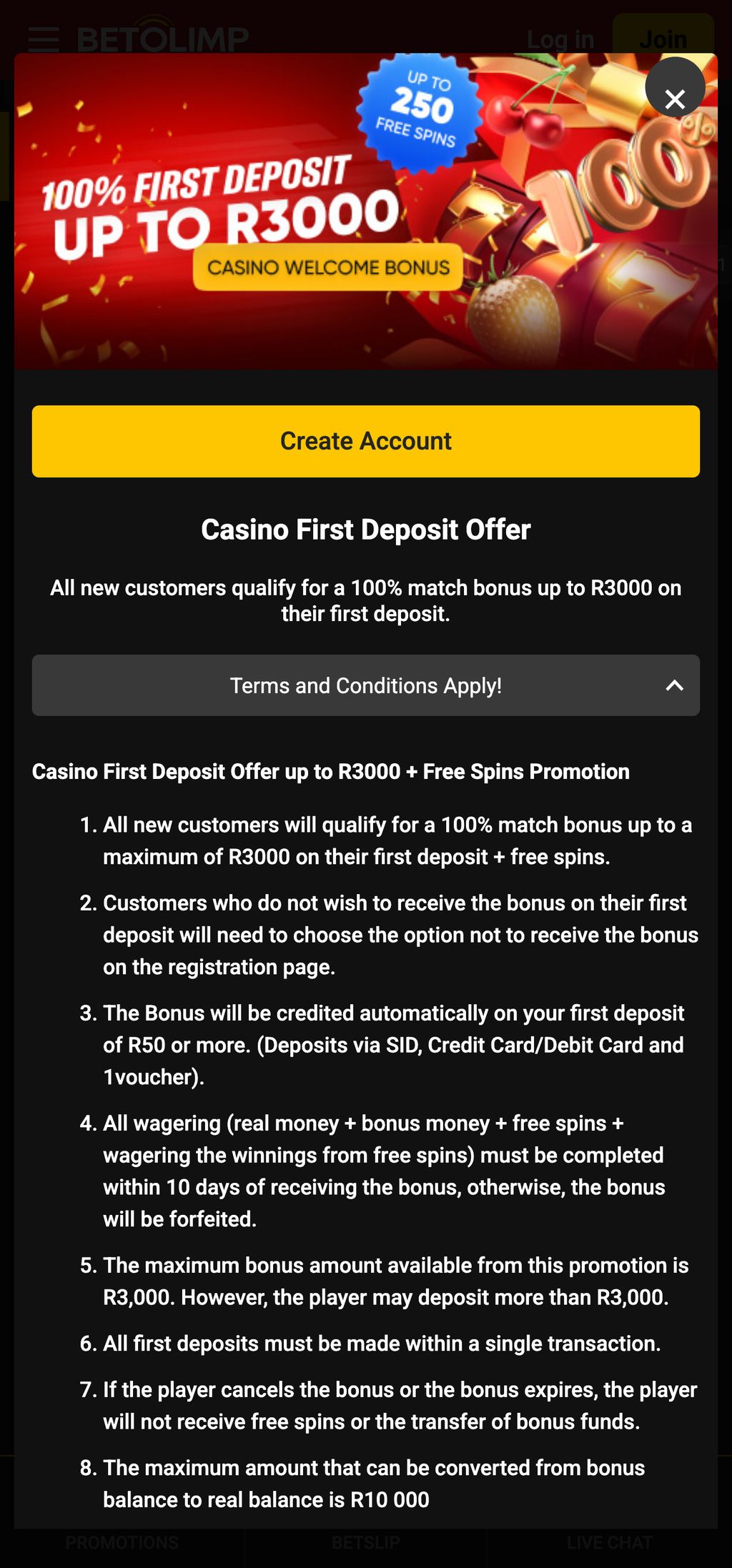 BetOlimp R3000 welcome bonus for casino players