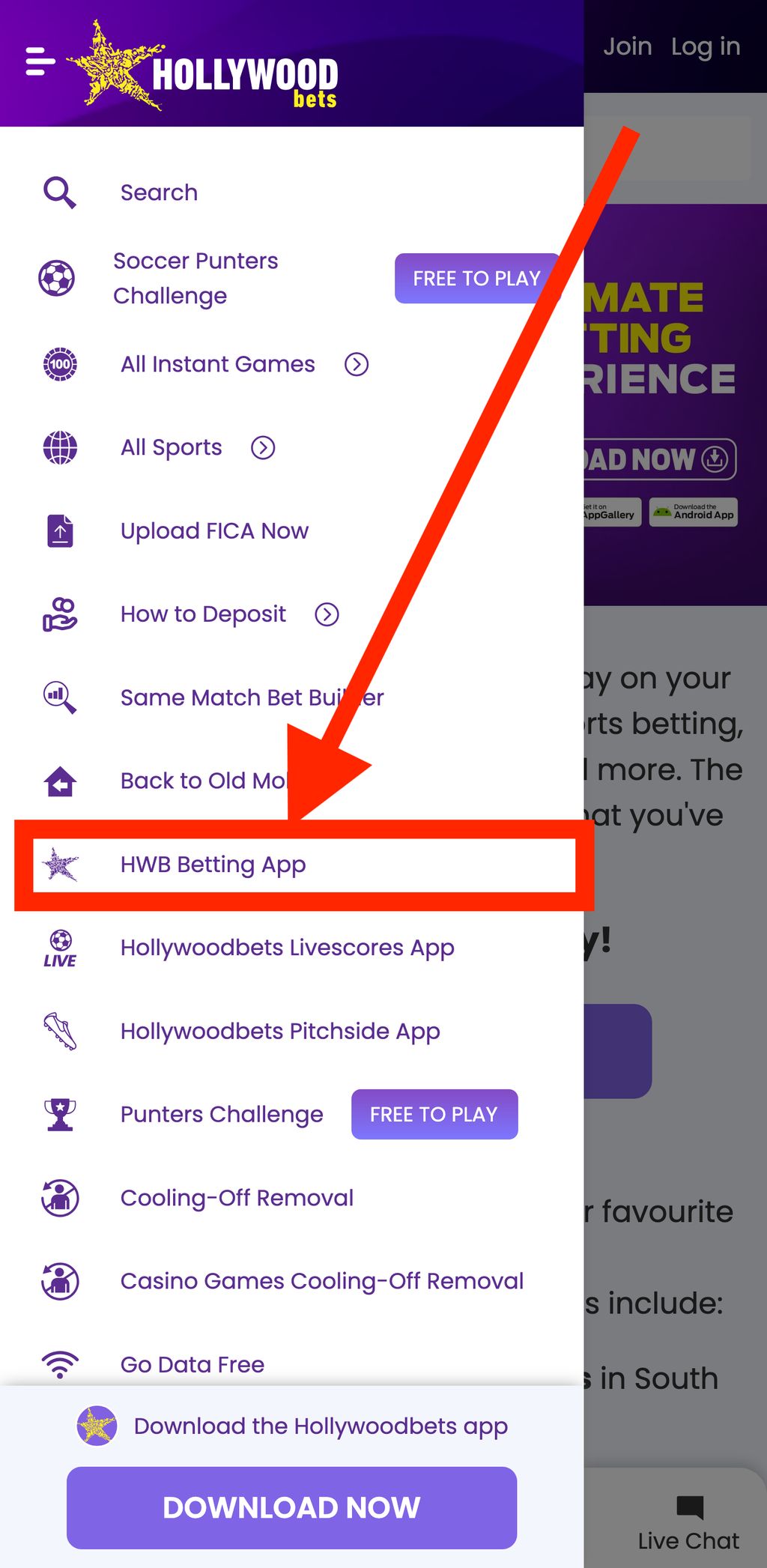 Hollywoodbets mobile menu with the app download option highlighted