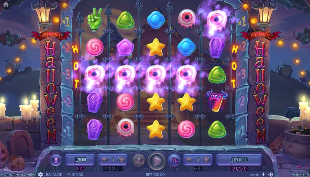A row of eyeballs lights up across reels 1 through 4 for a mid-tier horizontal pay