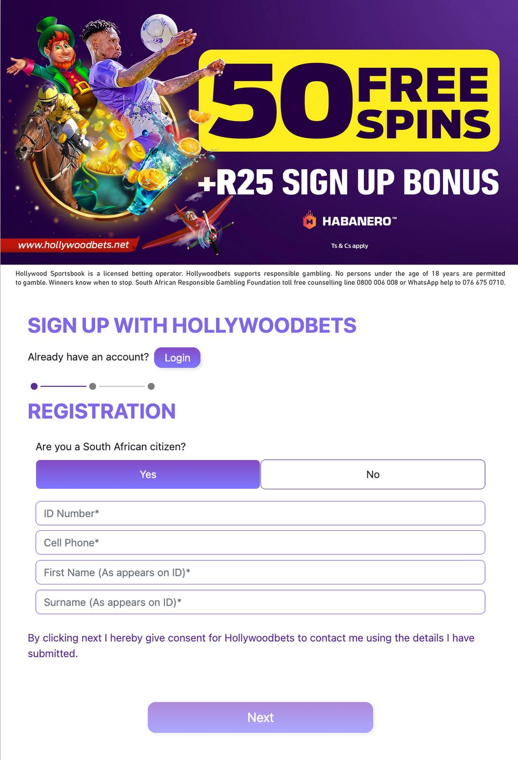 Registration with bonus at Hollywoodbets