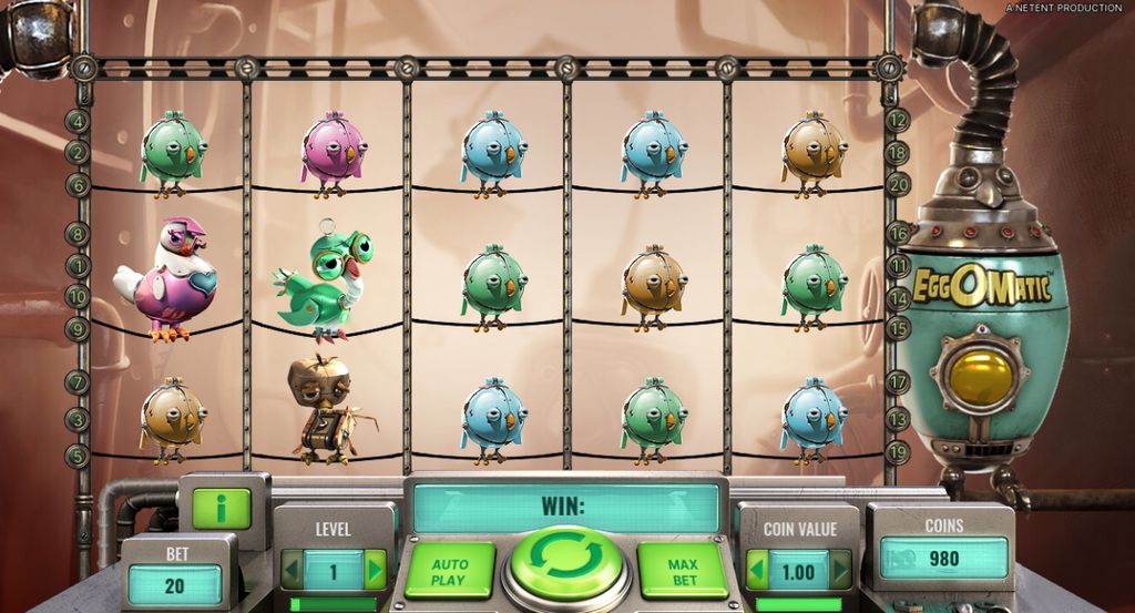 The steampunk reels and the mechanical egg machine on the right side of the EggOMatic playing field