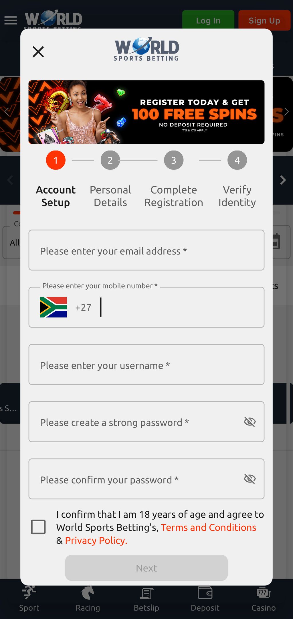 Registration on World Sports Betting mobile website
