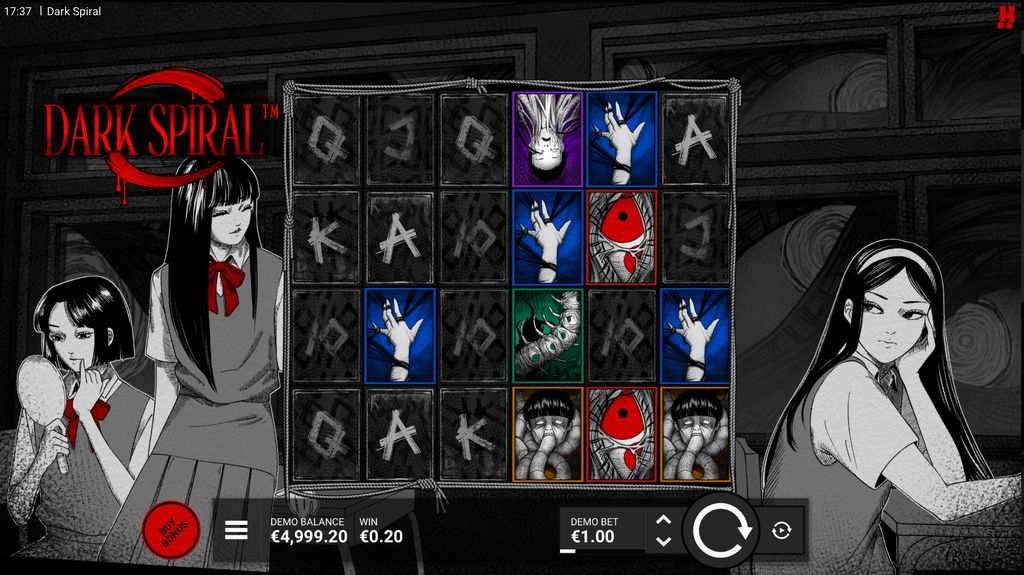 Dark Spiral base game interface showing the 6x4 grid and eerie characters