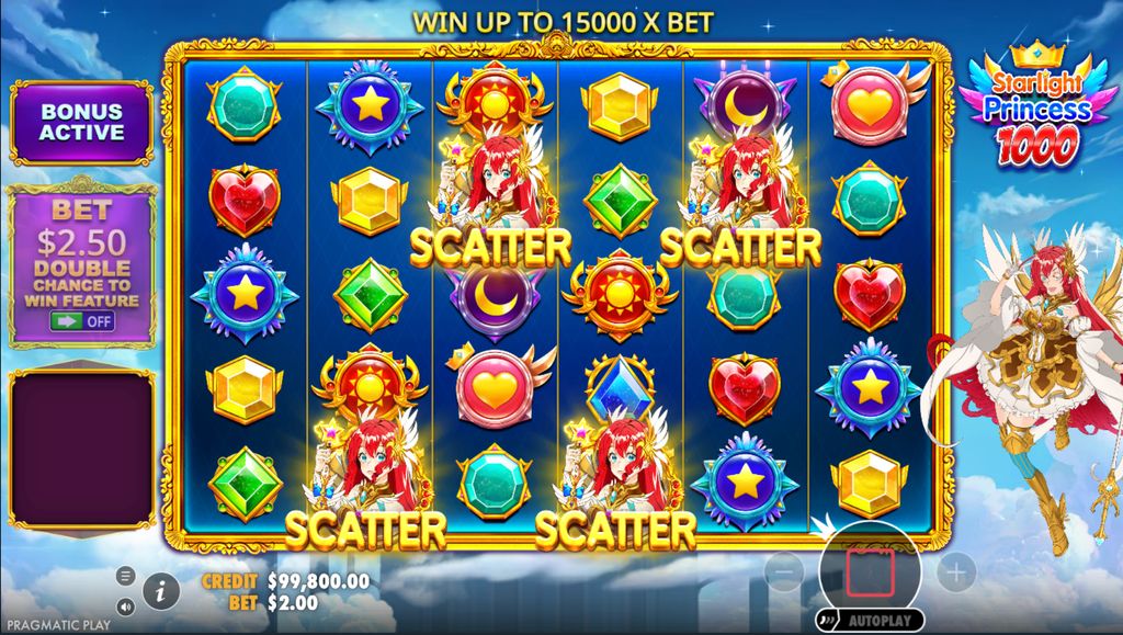 Four SCATTER symbols triggering the Free Spins round in Starlight Princess 1000
