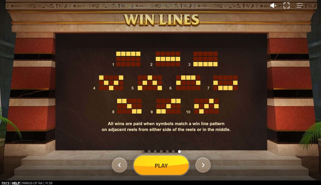 All 10 win line patterns in Wings of Ra
