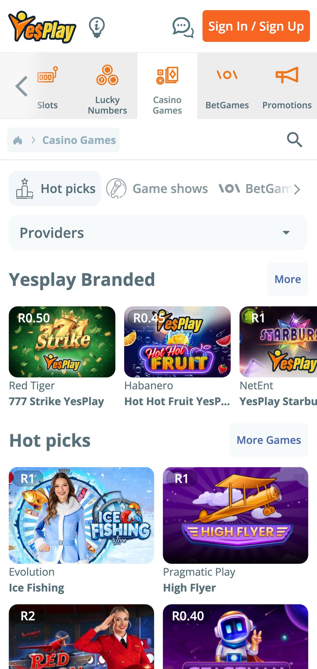 Casino games on YesPlay mobile app