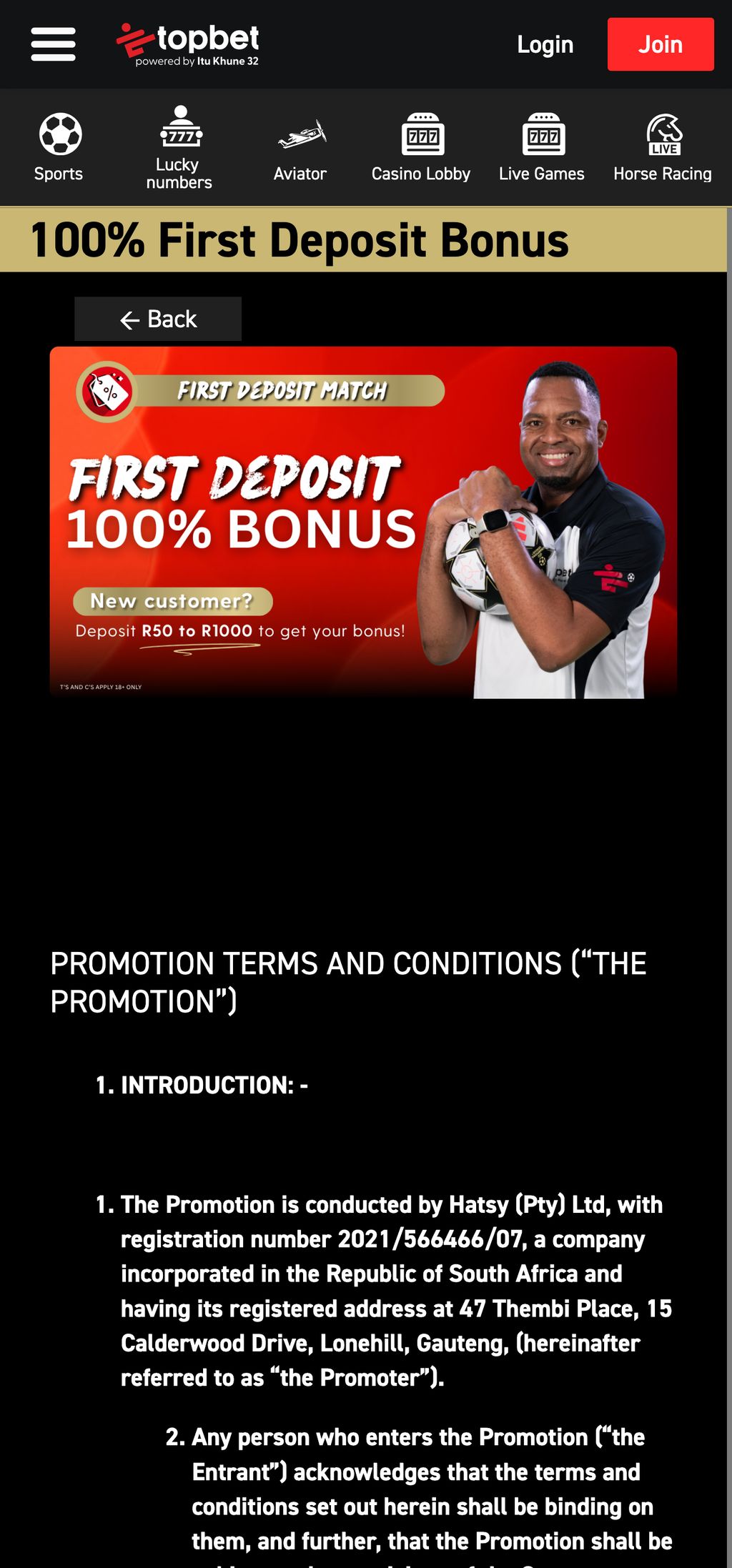 TopBet 100% up to R1000 deposit match bonus page