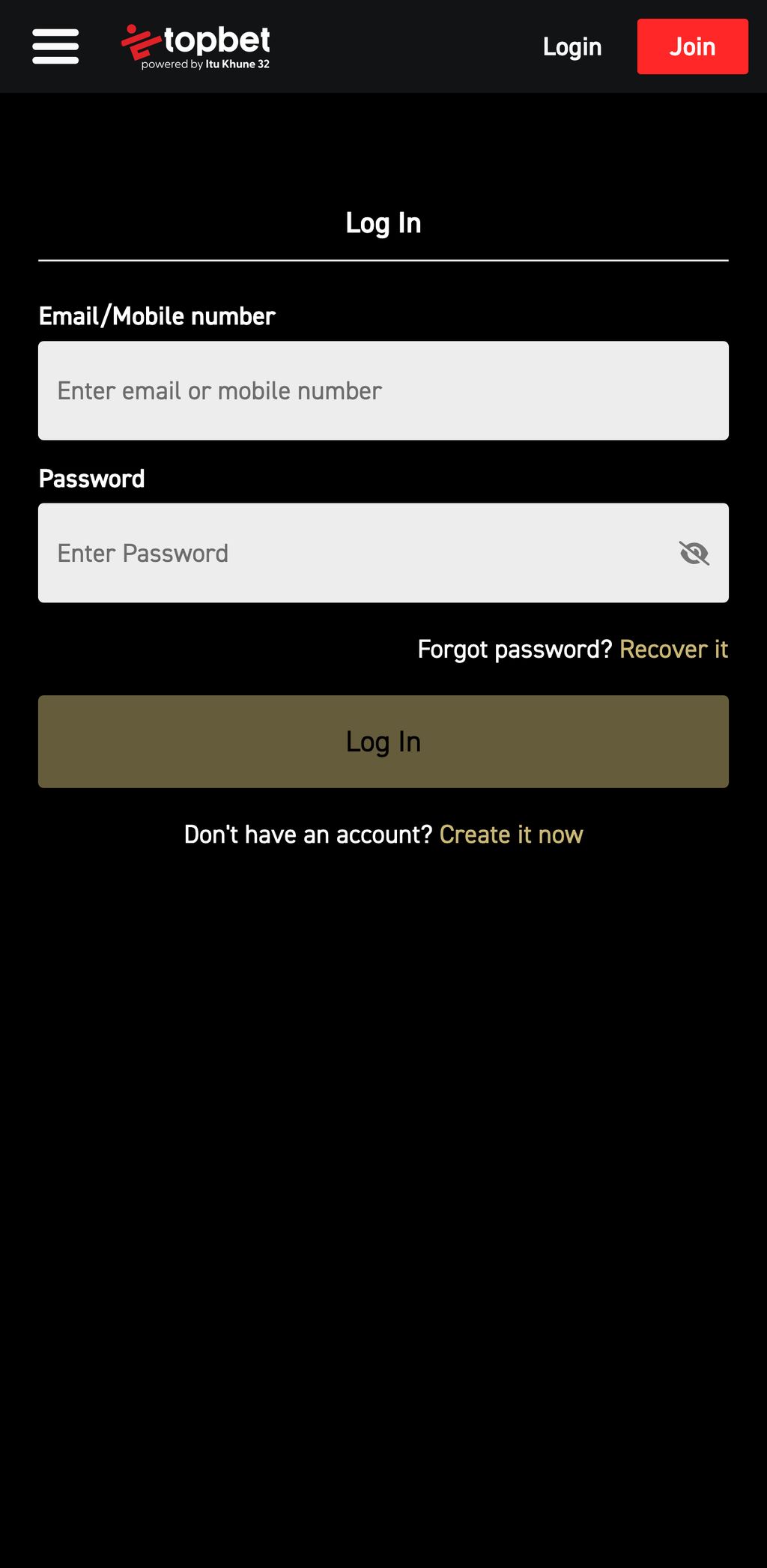Topbet login page — enter your email or mobile number and password to sign in.