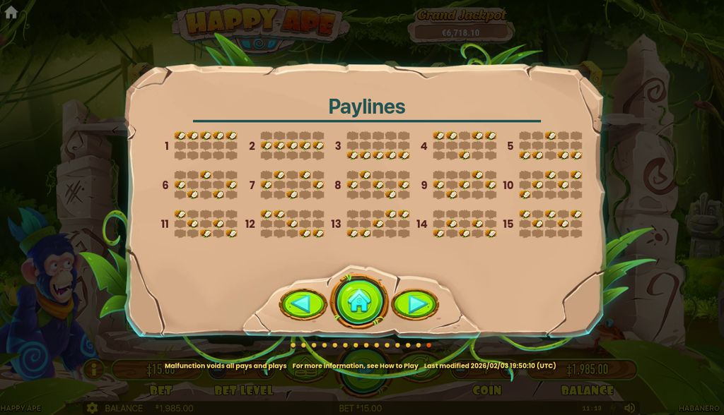 The fifteen fixed paylines used in the Happy Ape slot.