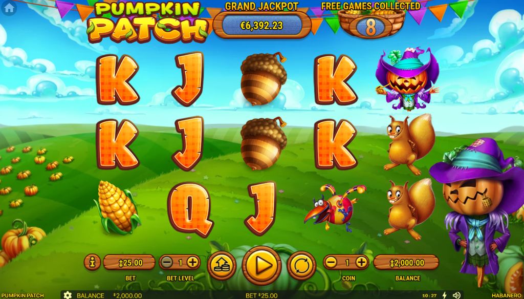 Pumpkin Patch base game with the Grand Jackpot meter and Free Games counter