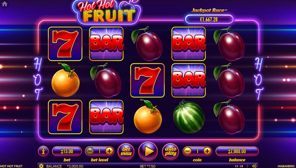 Hot Hot Fruit slot — main gameplay screen with neon fruit design