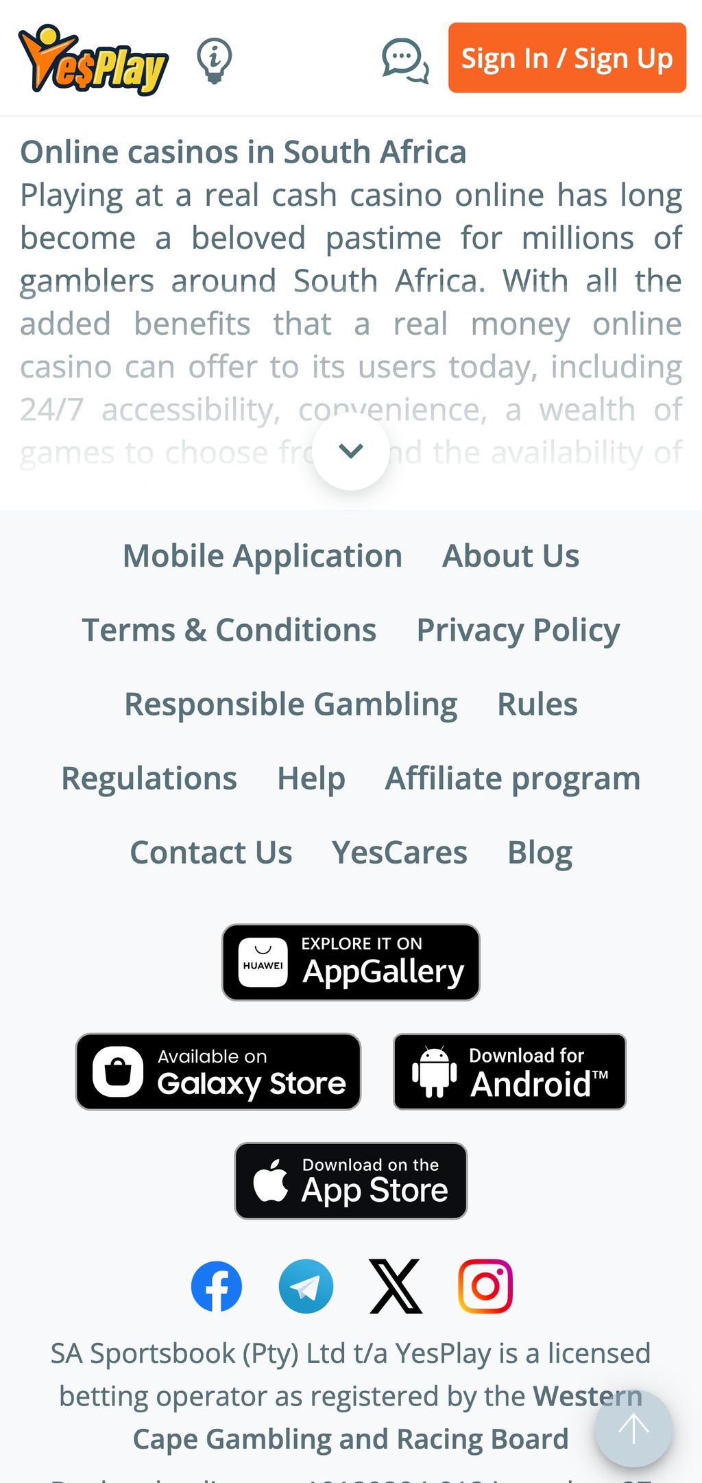 Links to YesPlay's mobile apps can be found in the footer of the official website.