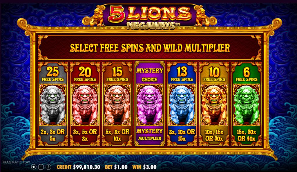 5 Lions Megaways free spins selection screen displaying the seven volatility options.