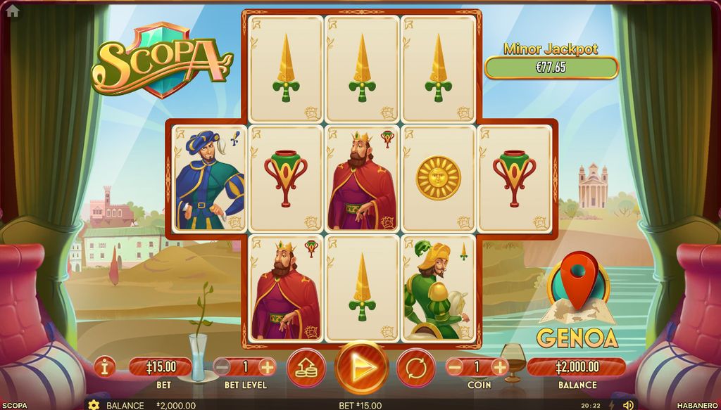 Scopa slot base game showing Italian card symbols and the Genoa location active