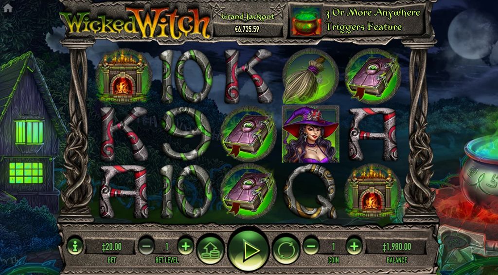 Main view of the Wicked Witch slot with the witch symbol on the central reel, R20.00 stake and the Grand Jackpot meter at the top.