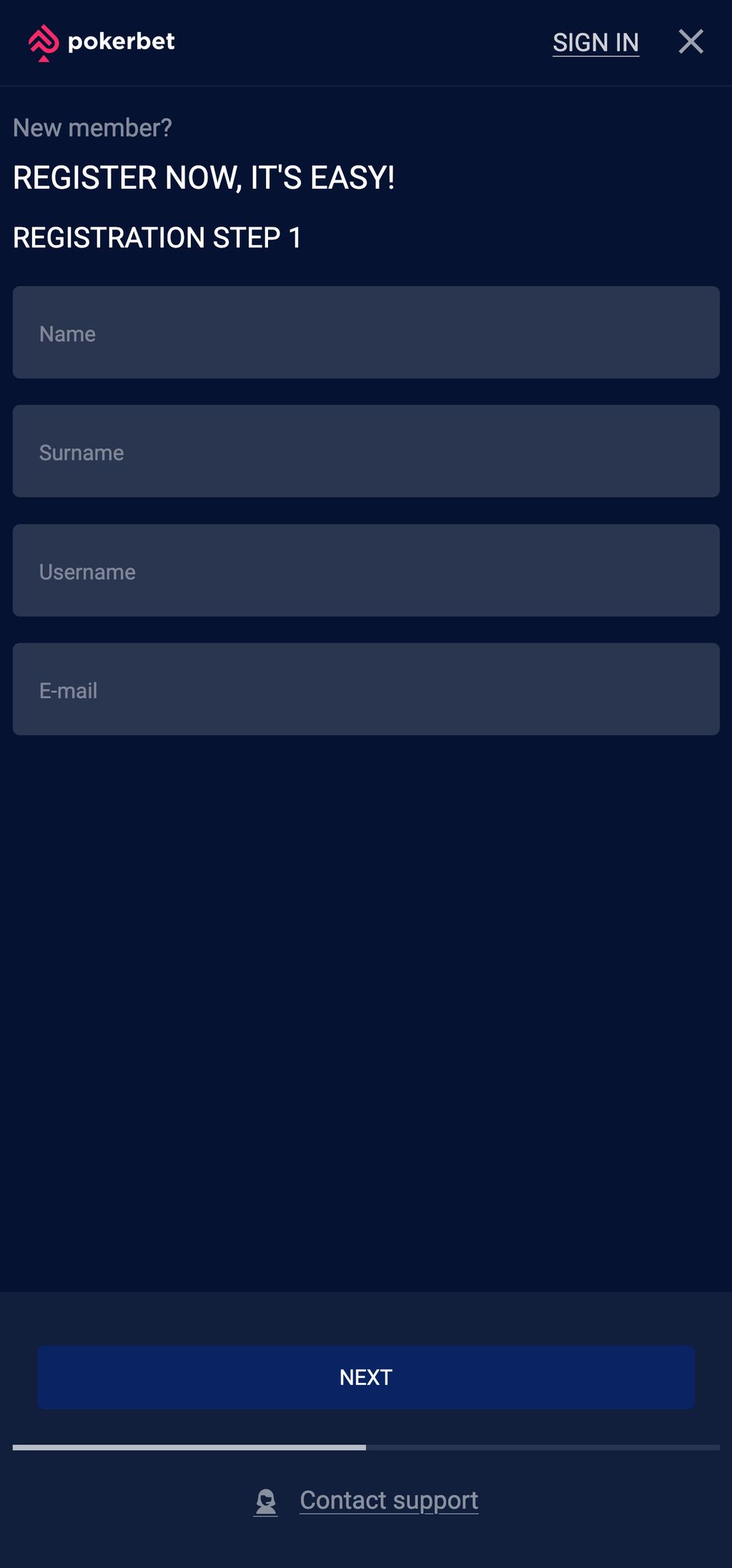 Pokerbet registration page