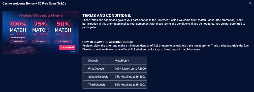 Casino Welcome Bonus at Pokerbet — up to R4,500 across three deposits plus 50 free spins