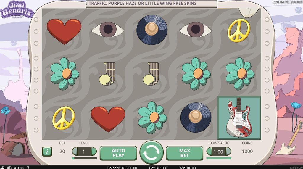 Jimi Hendrix slot base game — 5x3 grid with psychedelic symbols