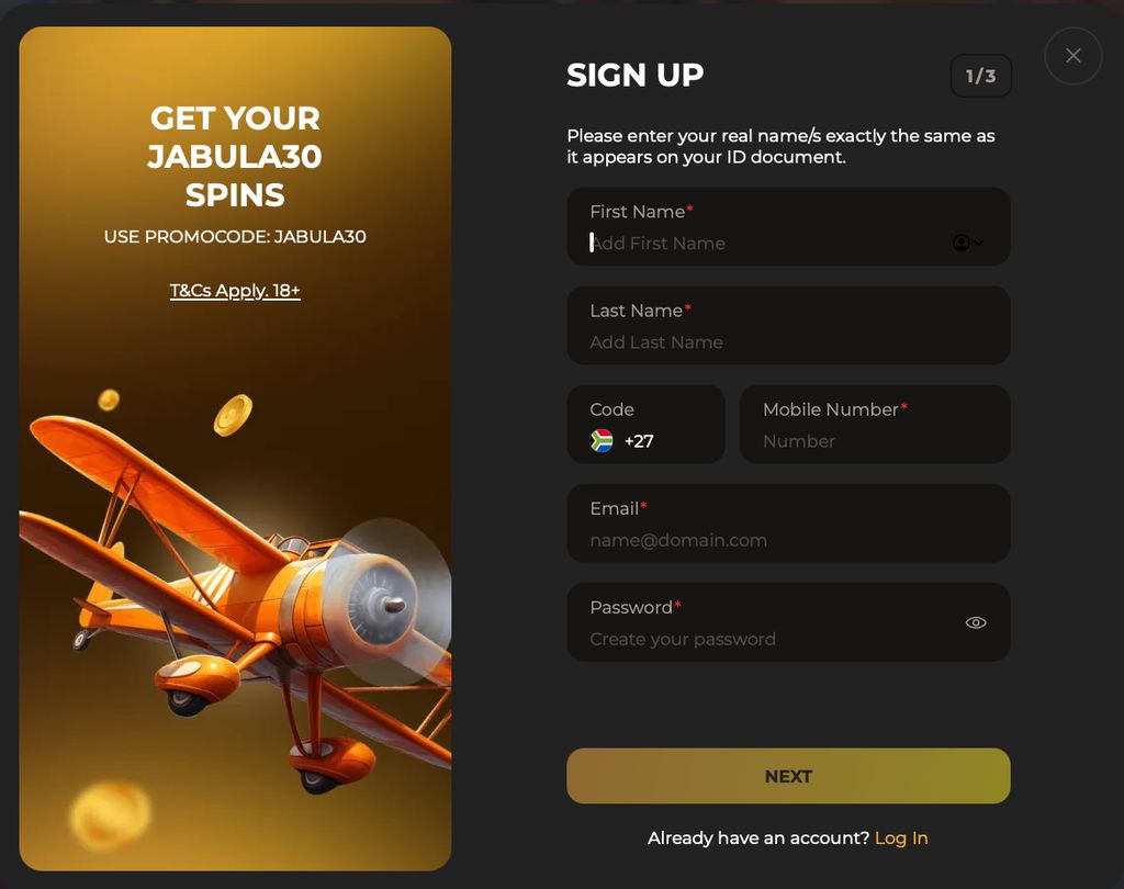 JabulaBets sign-up form — step 1 of 3 with personal details and the JABULA30 promo code offer.