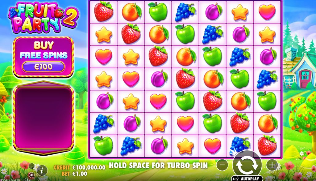 Fruit Party 2 gameplay on a 7x7 grid with the Buy Free Spins panel