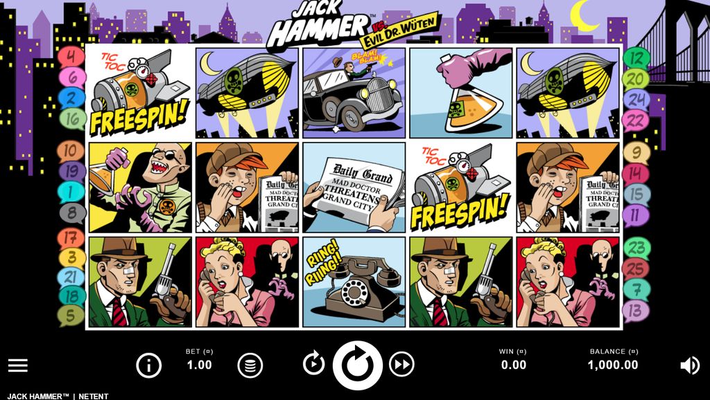 Jack Hammer main grid with all 25 fixed paylines marked on the sides