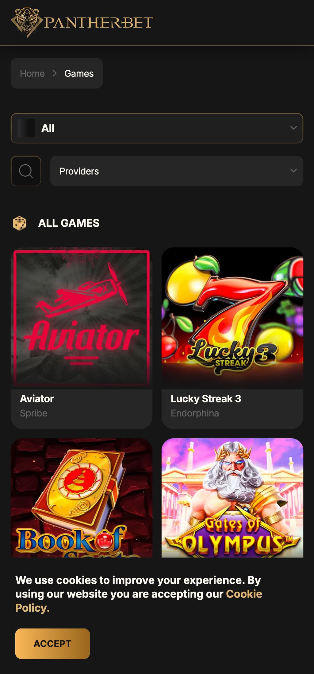 PantherBet casino games catalog