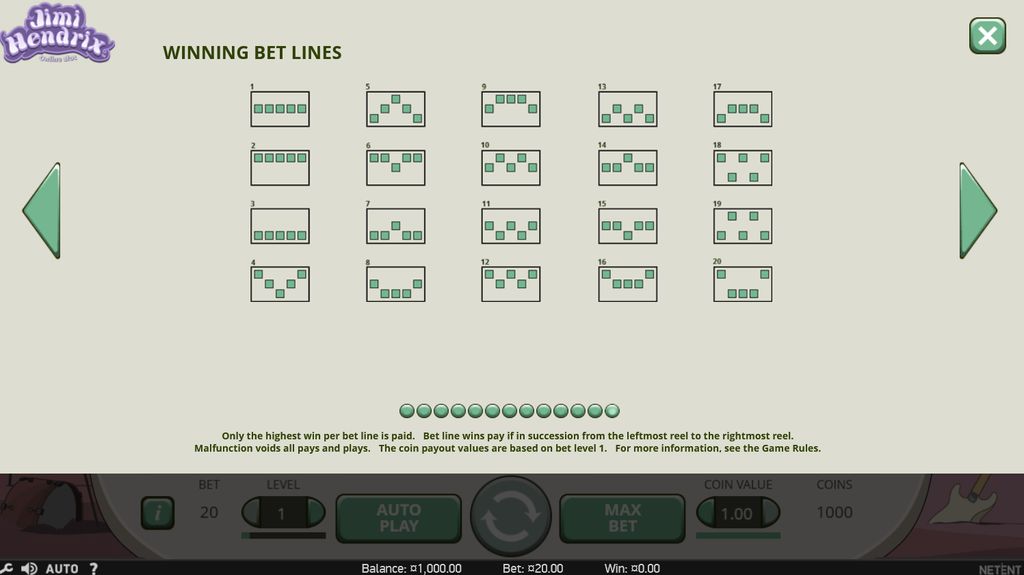 Jimi Hendrix slot paylines — all 20 winning bet lines
