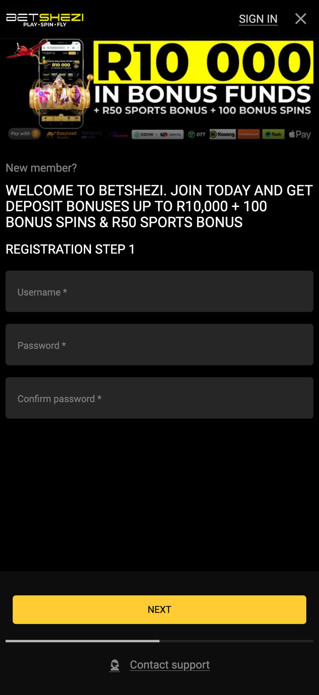 Betshezi registration page