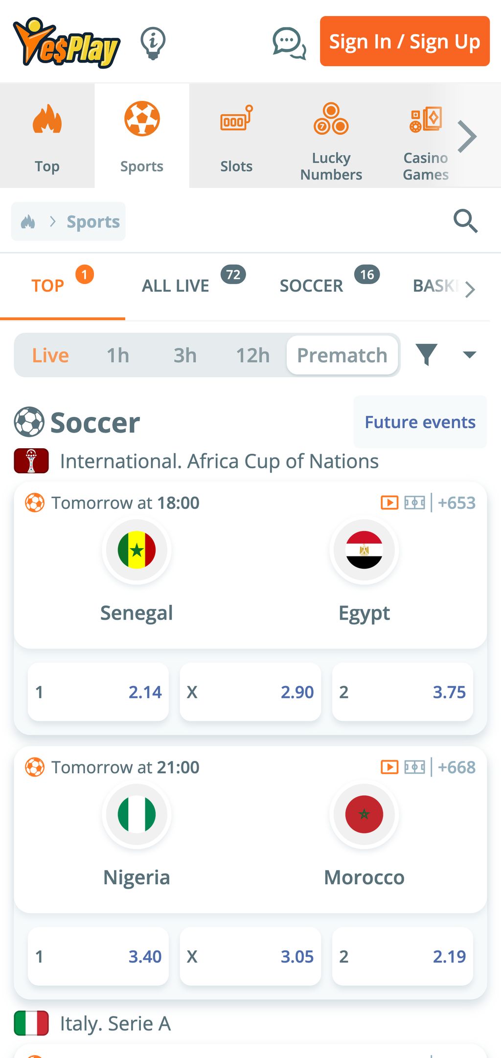 Sports betting page on YesPlay