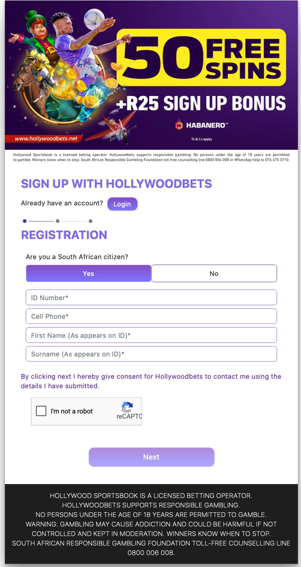 First page of the Hollywoodbets registration form for South African citizens