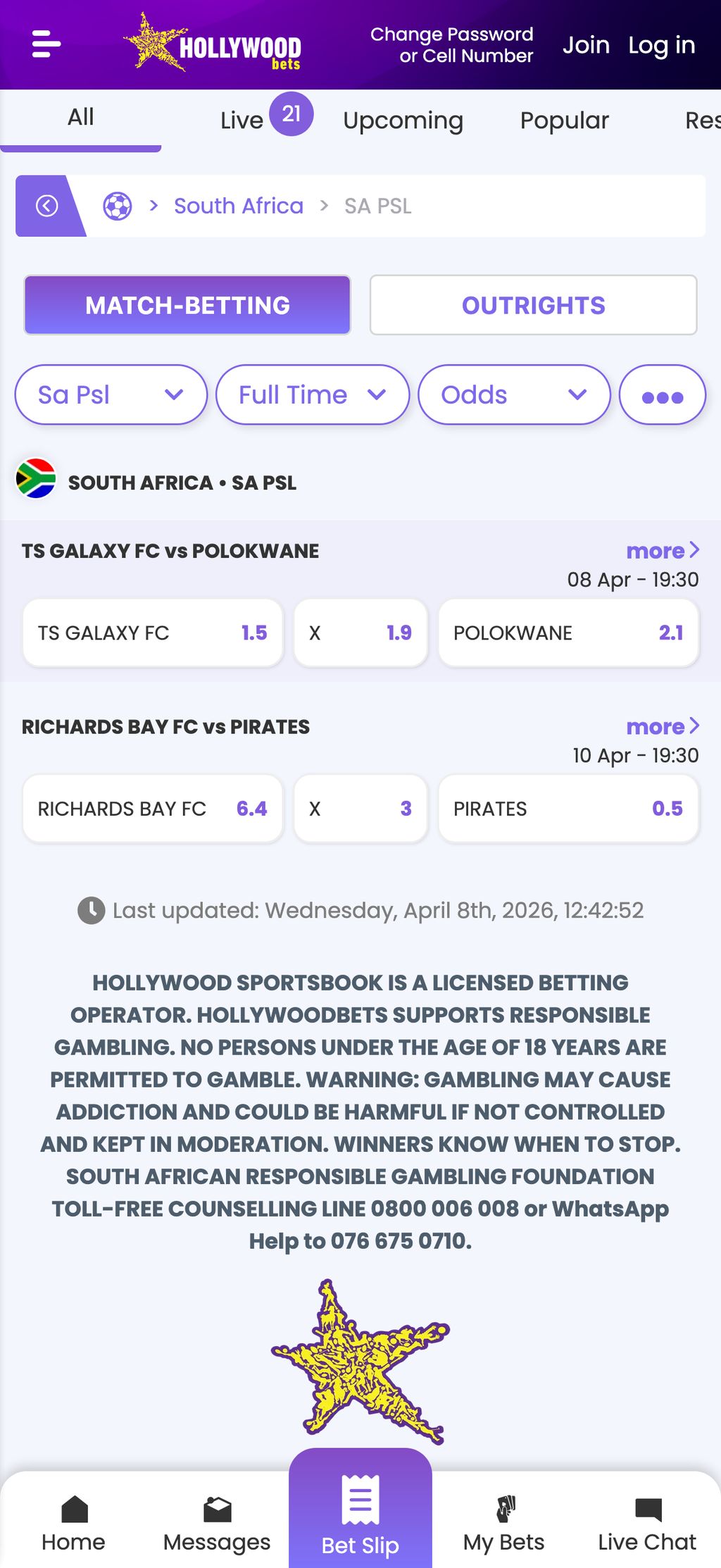 Hollywoodbets sports betting interface showing SA PSL matches with live odds - TS Galaxy FC vs Polokwane and Richards Bay FC vs Pirates