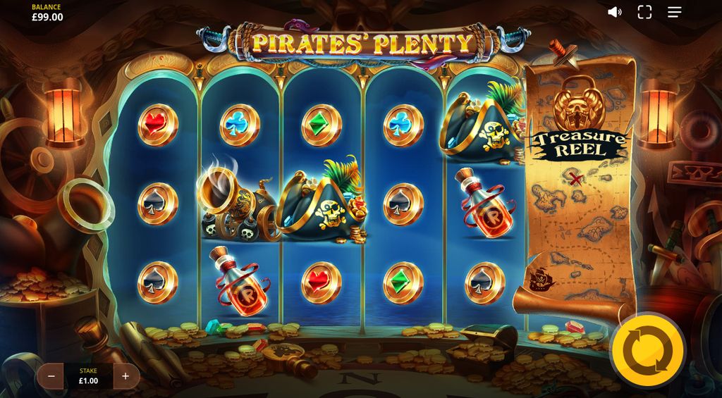 The main Pirates' Plenty game screen with the locked Treasure Reel on the right and a R1.00 stake