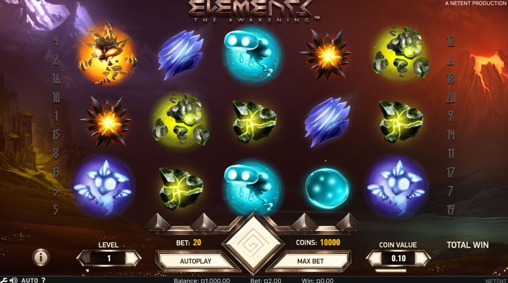 Elements: The Awakening main game view with all symbol types visible on the 5x3 grid