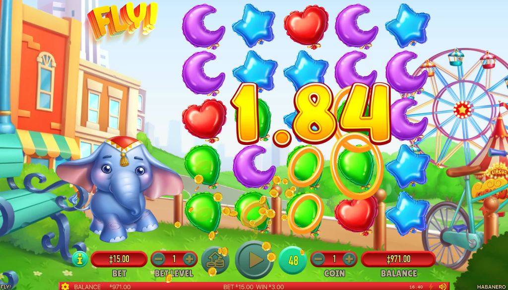 A win formed by adjacent green balloons triggering a Cascade in Fly!.