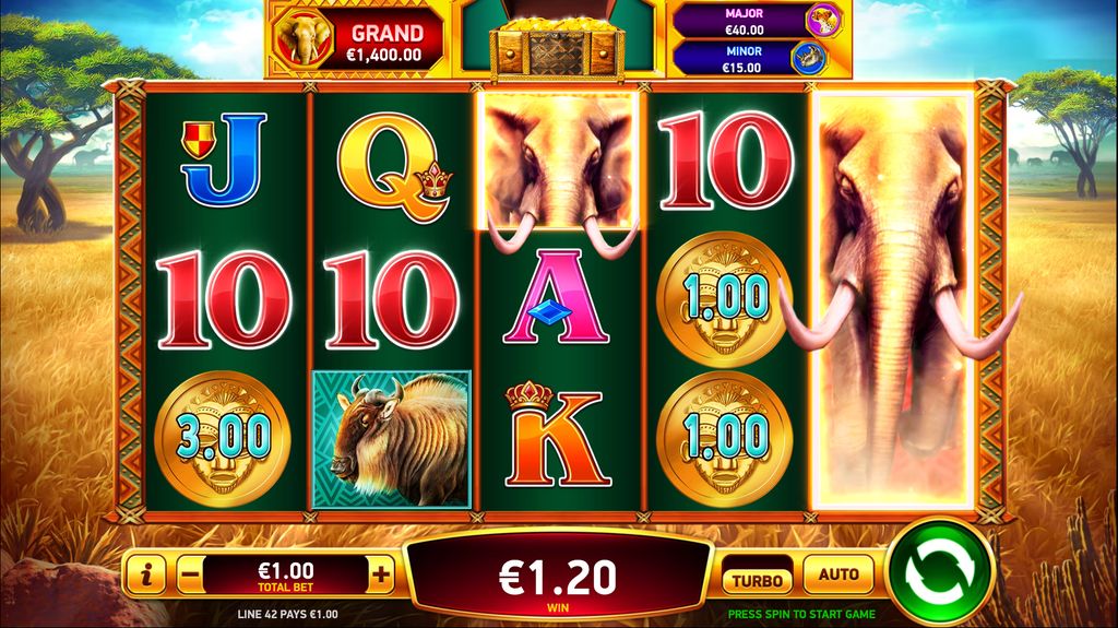 Main game interface of the Elephant Stampede slot.