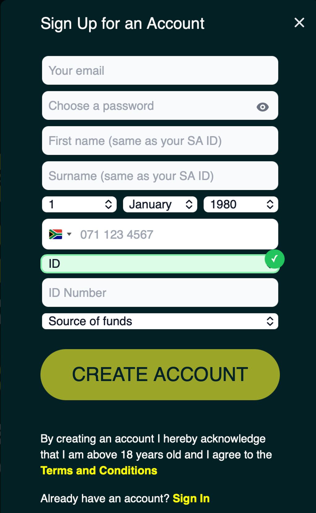 ZARbet registration form — the ID type, ID number, and source of funds fields feed directly into the FICA verification process.