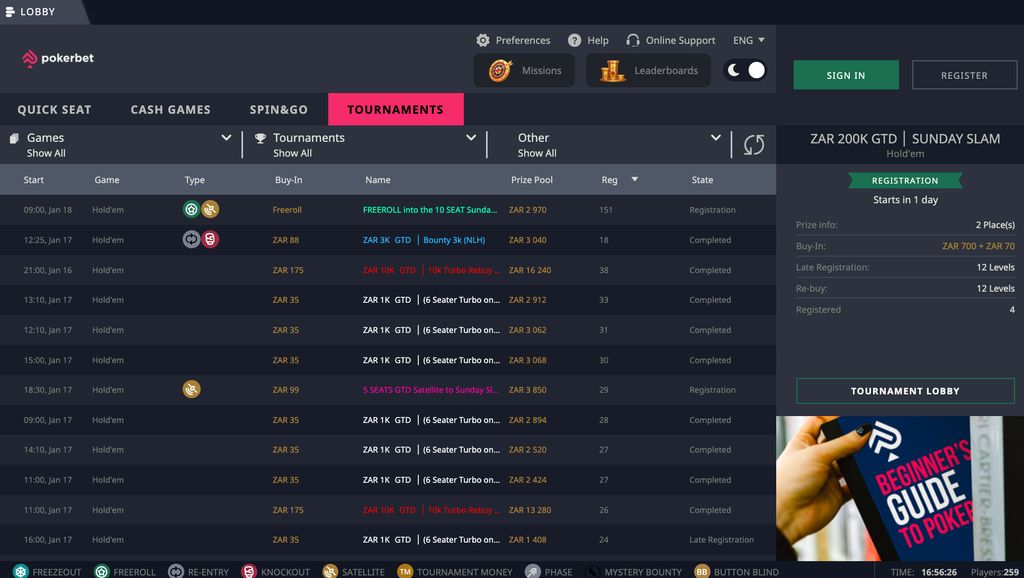 Pokerbet tournaments page