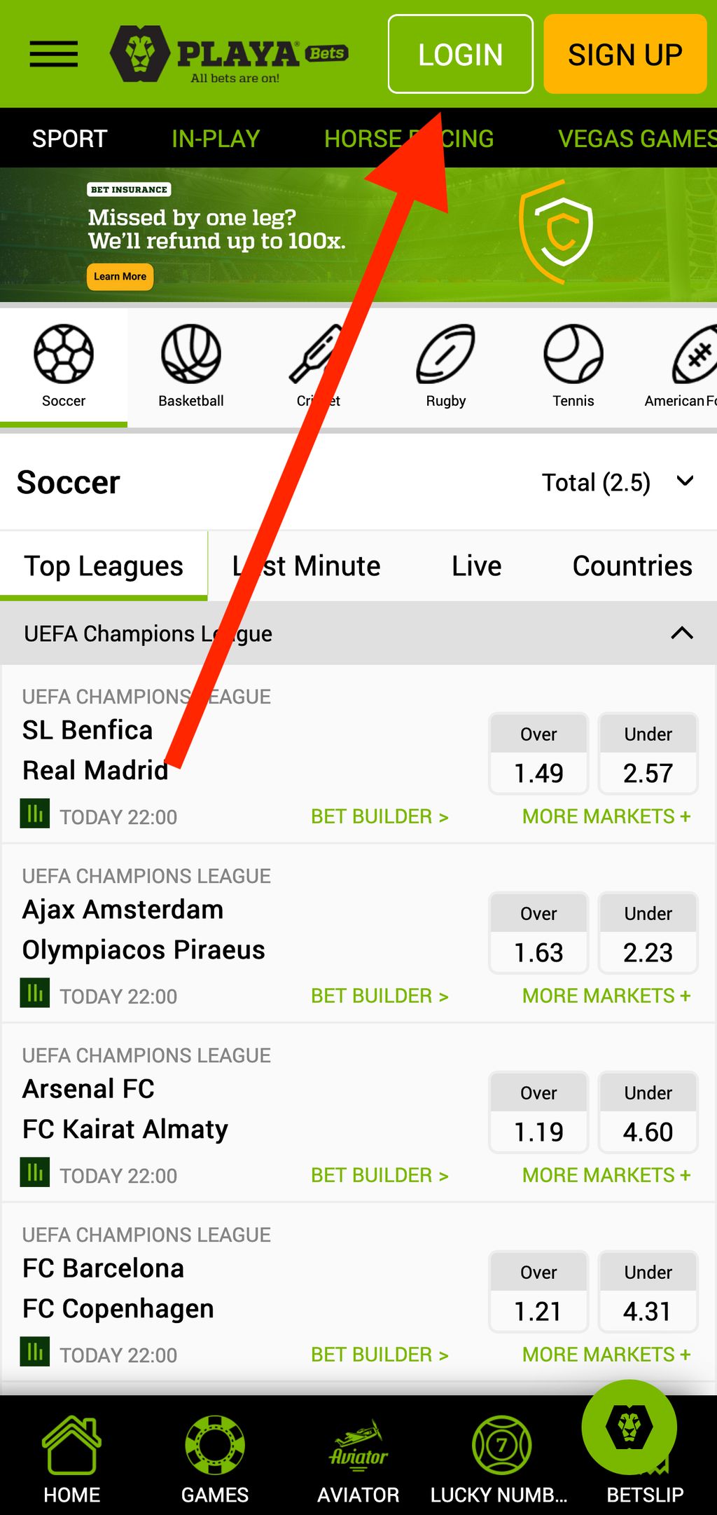 How to locate login button at PlayaBet