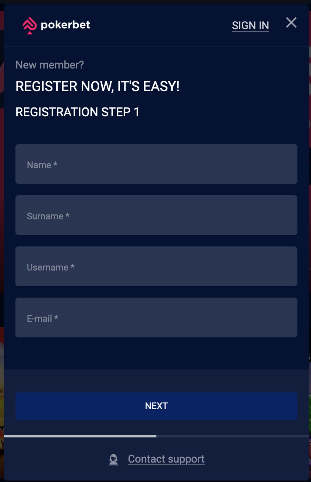 Pokerbet registration form — Step 1 requires your name, surname, username and email