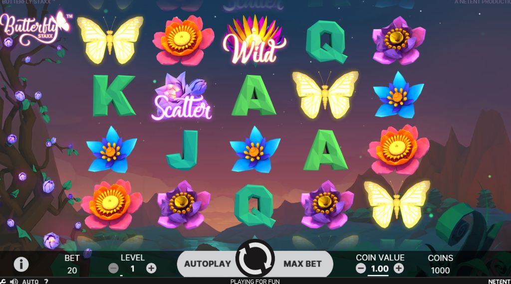 Main reel layout of Butterfly Staxx featuring Wild, Scatter, butterfly and flower symbols