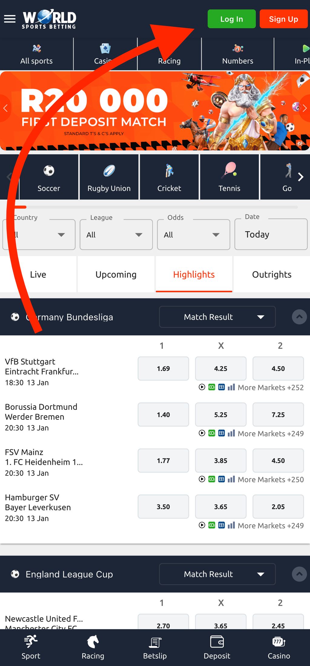 World Sports Betting login button
