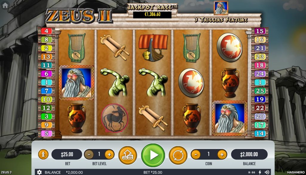 Zeus 2 base game layout with 5 reels and 25 paylines