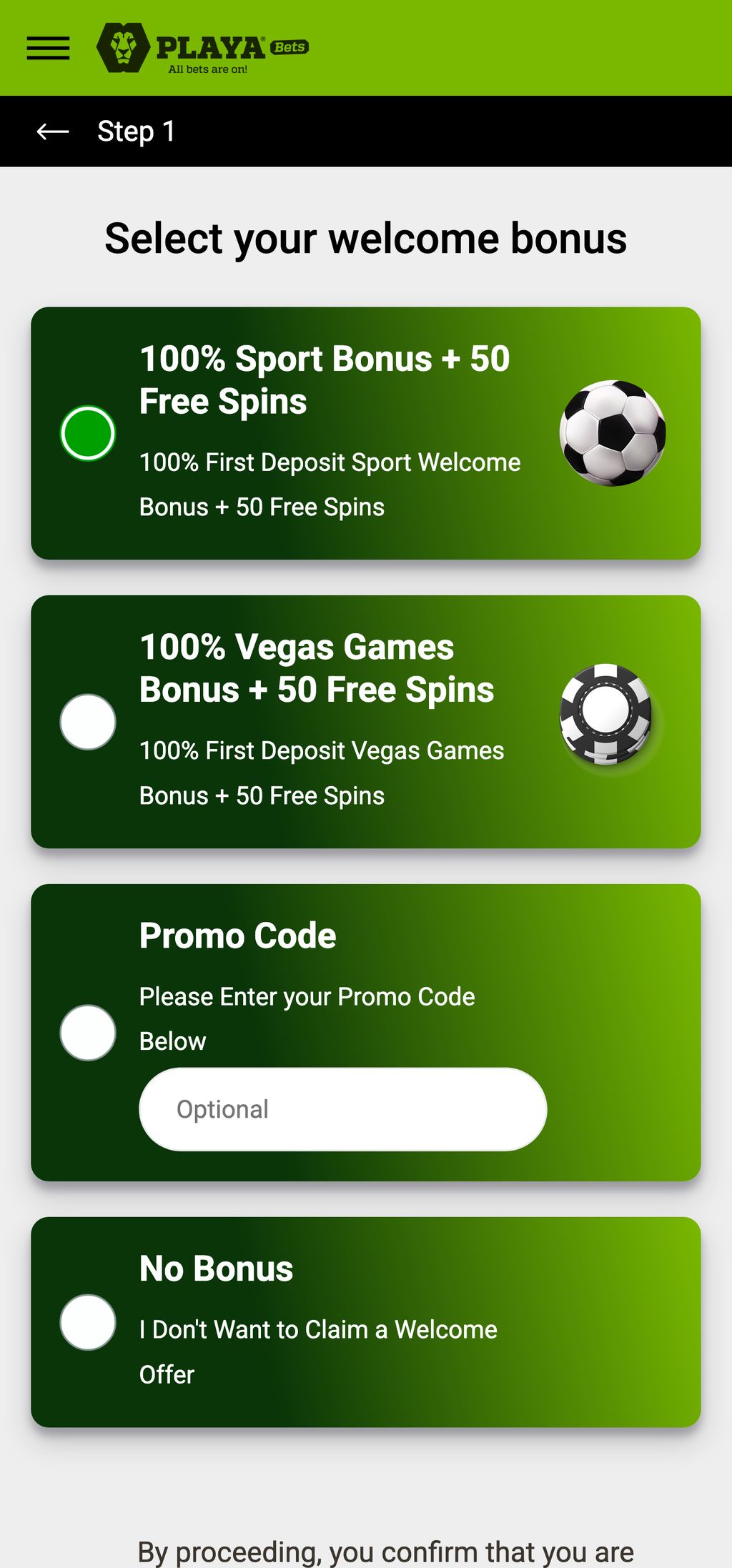 PlayaBets sign-up first step: choose your bonus